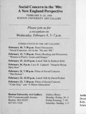 1984-02-08, Social Concern in the '80s, BU Art Gallery