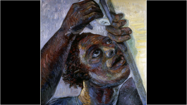 Artist Stretching Canvas, Oil on Linen, 1985, Bryan McFarlane Artist Stretching Canvas, Oil on Linen, 1985, Bryan McFarlane