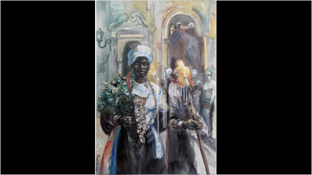 Brazilian Priestess, 51x35inches, Watercolor on Rag Paper, 1993 (Collection of Ouida Bradshaw) Brazilian Priestess, 51x35inches, Watercolor on Rag Paper, 1993 (Collection of Ouida Bradshaw)