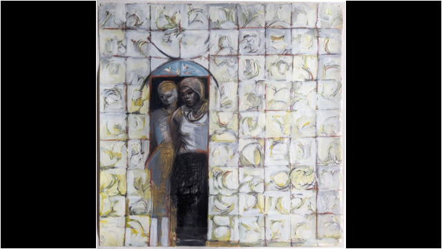 Muslim Women at the Window, 36.5x36.5in with frame, Acrylic & Mixed Media on Paper, 1994 Muslim Women at the Window, 36.5x36.5in with frame, Acrylic & Mixed Media on Paper, 1994