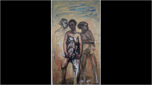 Nanny the Warrior, 52.25x29.5inches, Mixed Media (Gold Paint, Watercolor, Chalk Pastel) on Rag Paper, 1993 (Collection of Ouida Bradshaw) Nanny the Warrior, 52.25x29.5inches, Mixed Media (Gold Paint, Watercolor, Chalk Pastel) on Rag Paper, 1993 (Collection of Ouida Bradshaw)