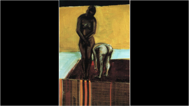 Two Women, 22x18in, Mixed media with kinte cloth, acrylic paint, charcoal on paper, 1987, Bryan McFarlane (private collection) Two Women, 22x18in, Mixed media with kinte cloth, acrylic paint, charcoal on paper, 1987, Bryan McFarlane (private collection)